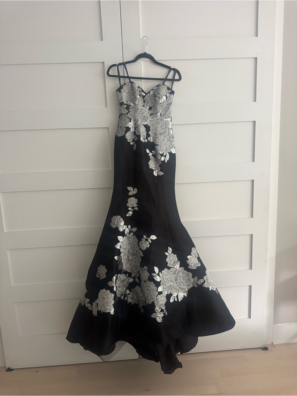 Black Evening Gown with Silver Floral Embroidery